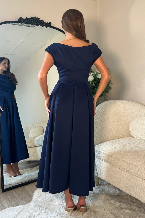 Betty Asymmetric Neckline Skater Midi Navy
