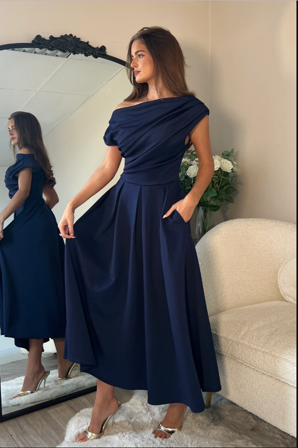 Betty Asymmetric Neckline Skater Midi Navy