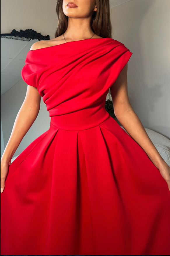 Betty Asymmetric Neckline Skater Midi Red