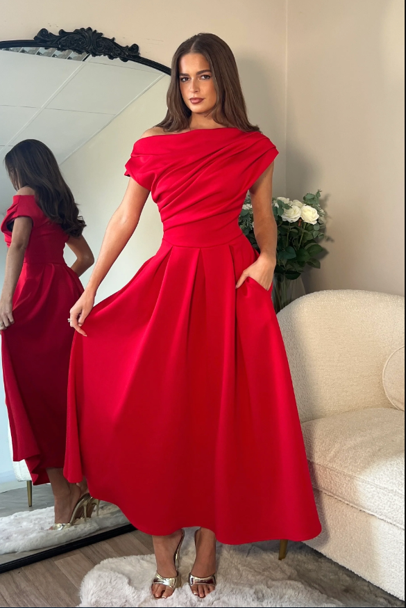 Betty Asymmetric Neckline Skater Midi Red