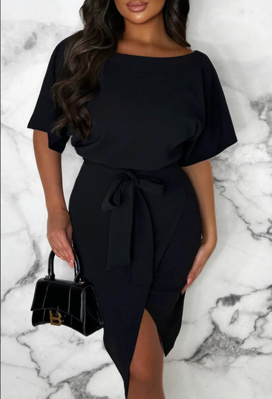 Black Anna Belted Wrap Front Batwing Midi Dress