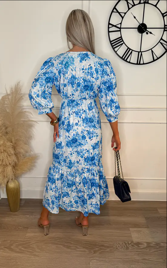 Blue Shadow Sarah Floral Collarless Maxi Dress