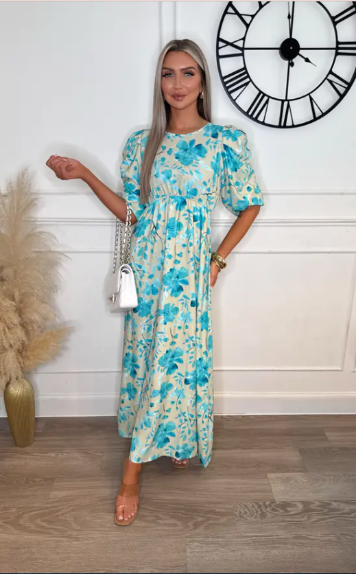 Brooklyn Stone & Blue Floral Ruched Sleeve Maxi Dress
