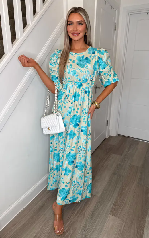 Brooklyn Stone & Blue Floral Ruched Sleeve Maxi Dress