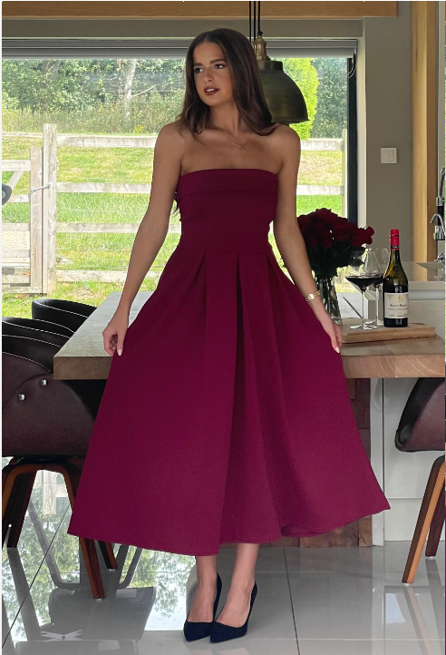 Danni Strapless Bandeau Midi Dress Wine