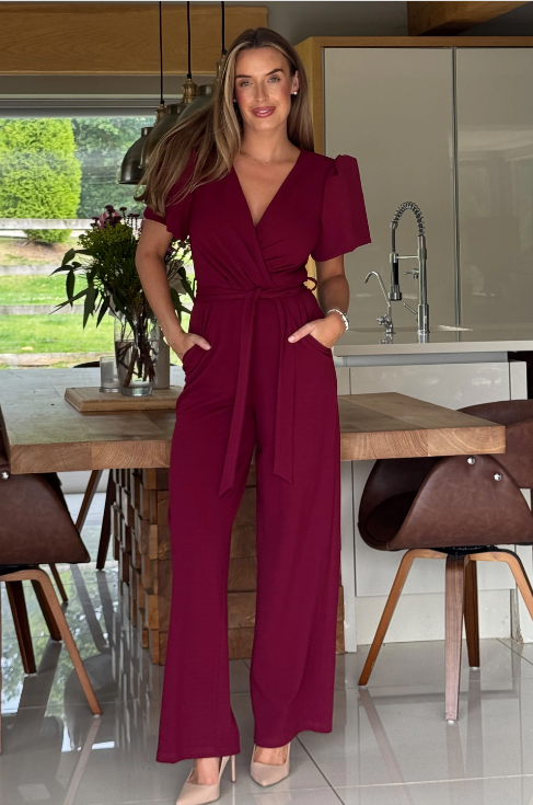 Drew Wrap Neck Puff Sleeve Jumpsuit Berry