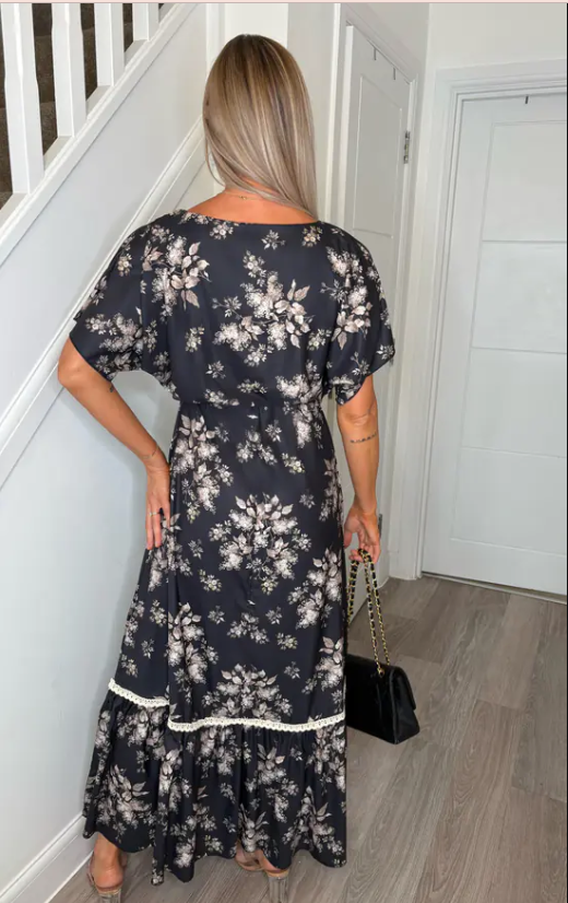 Eden Black Floral Lace Trim Batwing Maxi