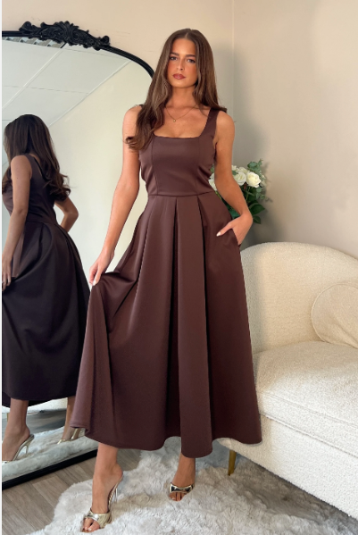 Erica Square Neck Pleated Midi Dress Brown