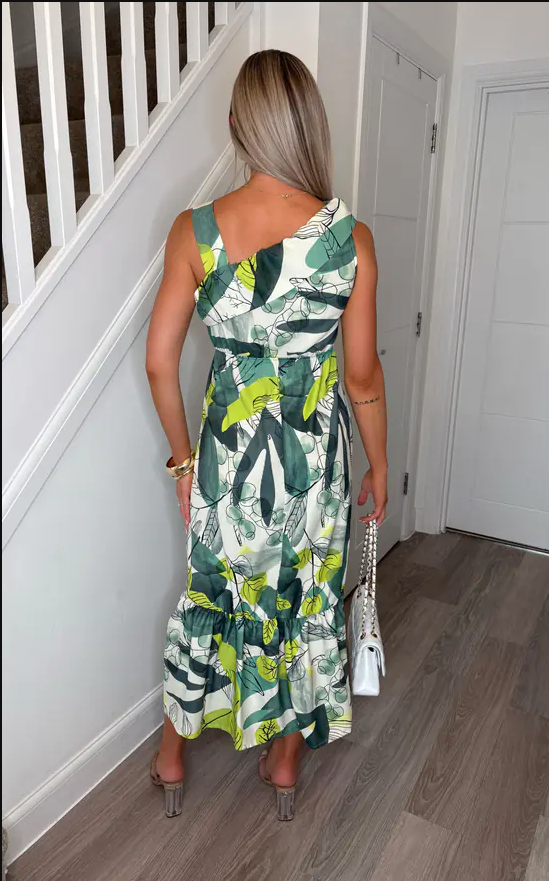 Florine Off-Shoulder Alaska Floral High Low Frill Hem Midi Dress