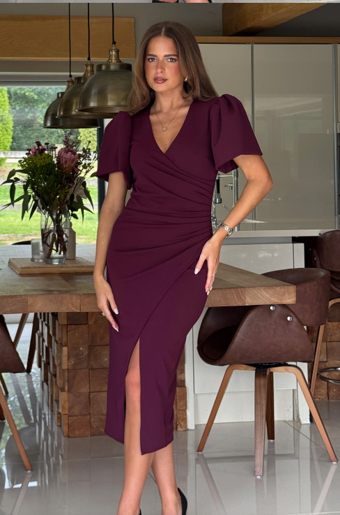 Freya Puff Sleeve Wrap Neck Ruched Midi Plum