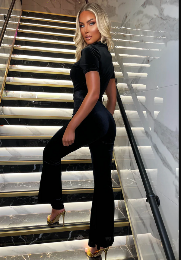 Mia Black Zip Front Velvet Jumpsuit