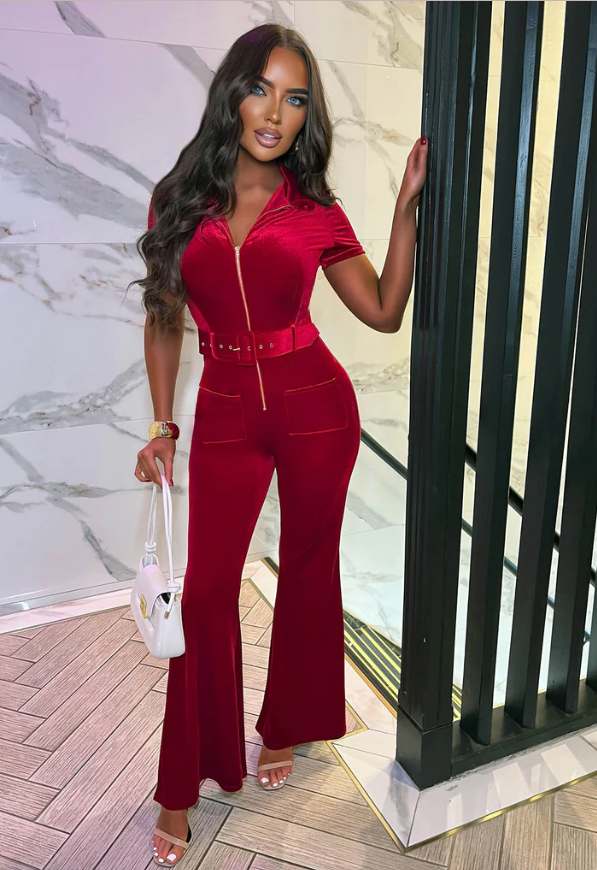 Mia Red Zip Front Velvet Jumpsuit