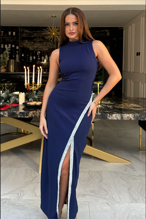 Navy High Neck Maxi With Crystal Split Detail