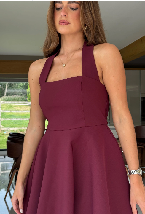 Pandora Halter Neck Mini Skater Dress Berry