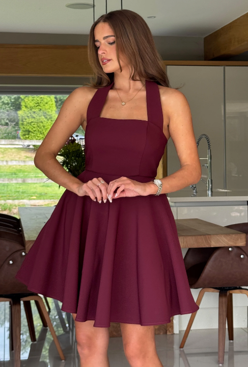 Pandora Halter Neck Mini Skater Dress Berry