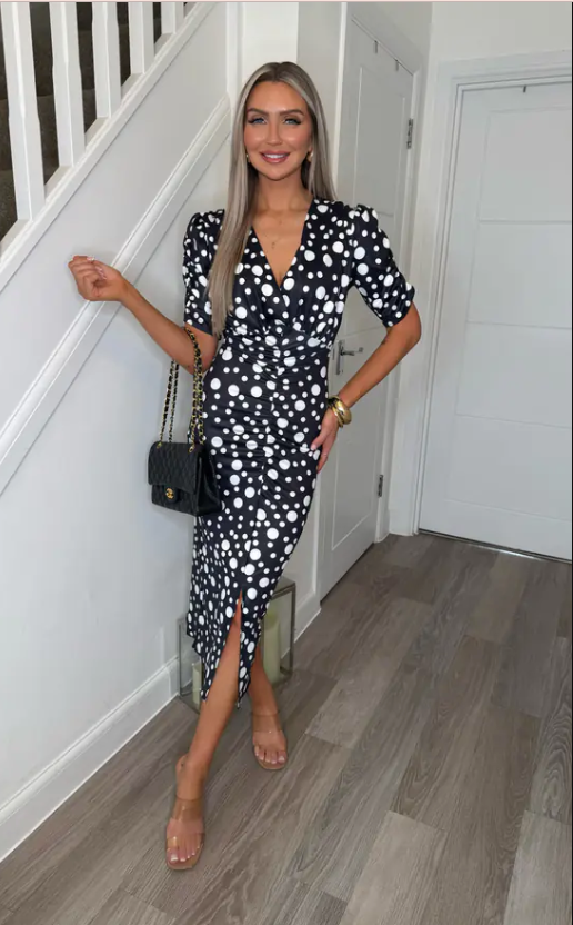 Rose Black Polka Dot Ruched Slit Bodycon Dress