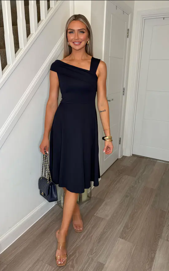 Sandra Navy Off-Shoulder Midi Dress