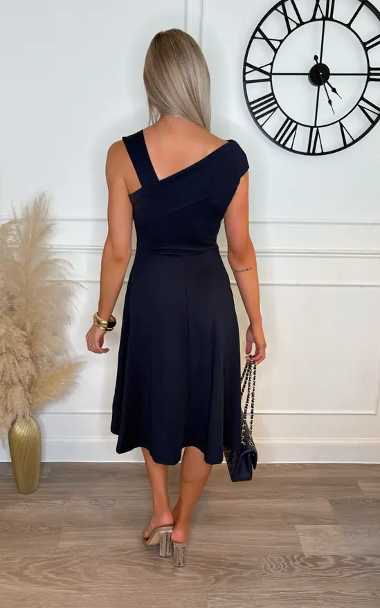 Sandra Navy Off-Shoulder Midi Dress