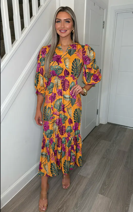 Sarah Amazon Tropical Collarless Maxi Dress