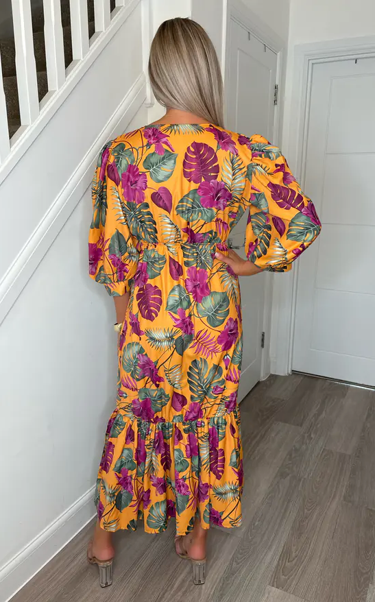 Sarah Amazon Tropical Collarless Maxi Dress