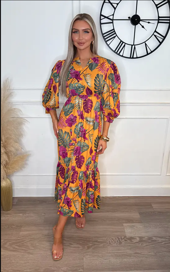 Sarah Amazon Tropical Collarless Maxi Dress