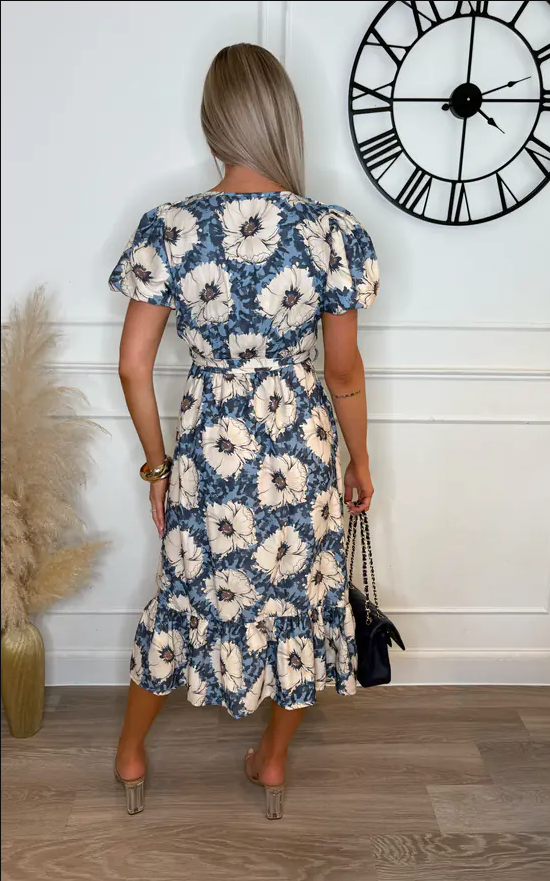 Scarlet Blue Pansy Floral Square Neck Belted Frill Hem Dress