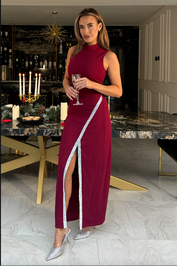 Wine High Neck Maxi With Crystal Split Detail