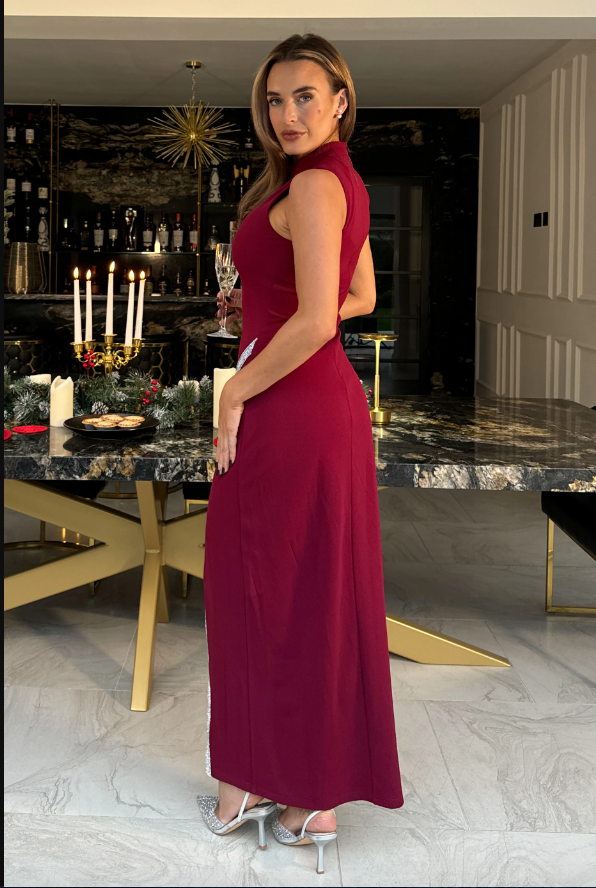 Wine High Neck Maxi With Crystal Split Detail