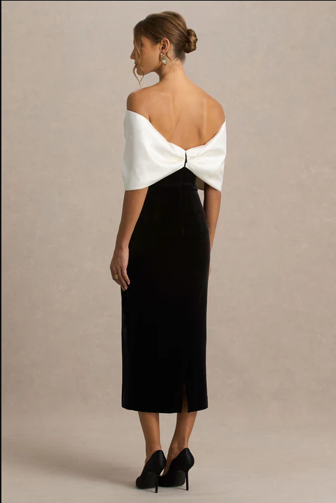 Alexis Black And White Velvet Bardot-Neck Midi Dress With Oversized Bow