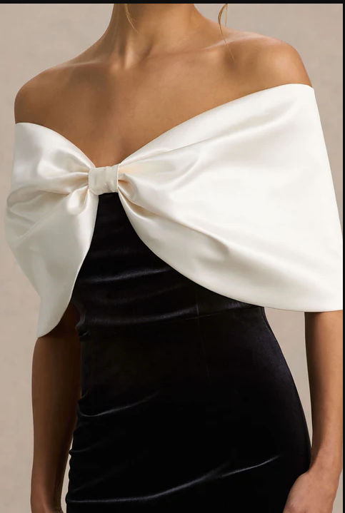 Alexis Black And White Velvet Bardot-Neck Midi Dress With Oversized Bow | 2