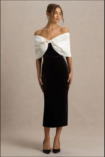 Alexis Black And White Velvet Bardot-Neck Midi Dress With Oversized Bow | 4