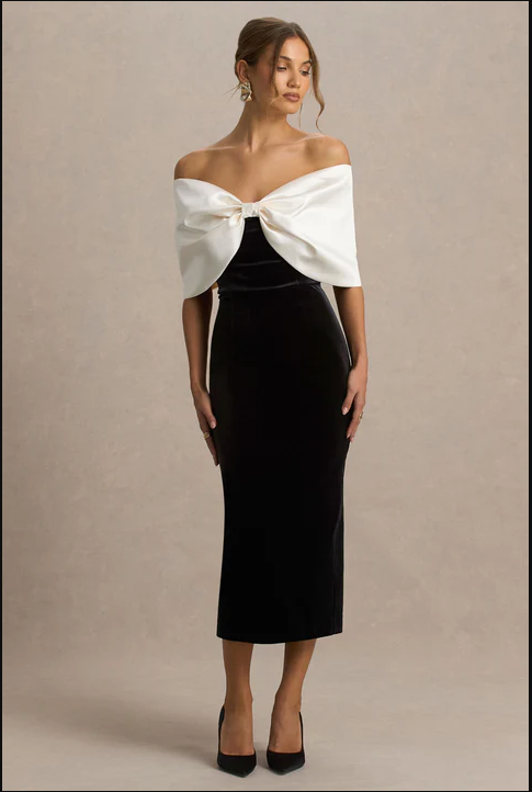 Alexis Black And White Velvet Bardot-Neck Midi Dress With Oversized Bow | 4