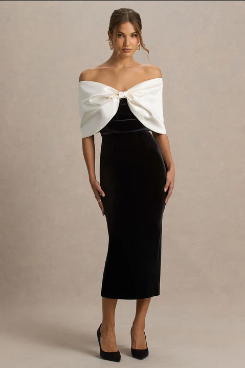 Alexis Black And White Velvet Bardot-Neck Midi Dress With Oversized Bow