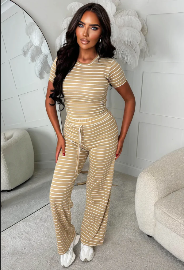 Aria Beige Stripe Loungewear Set