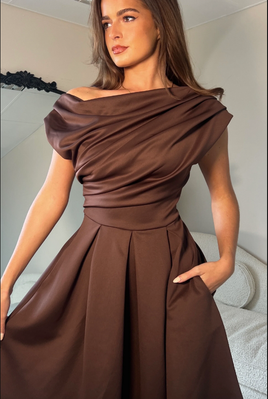 Betty Asymmetric Neckline Skater Midi Brown Spot