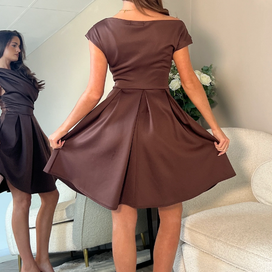 Betty Asymmetric Neckline Skater Midi Brown Spot | 1