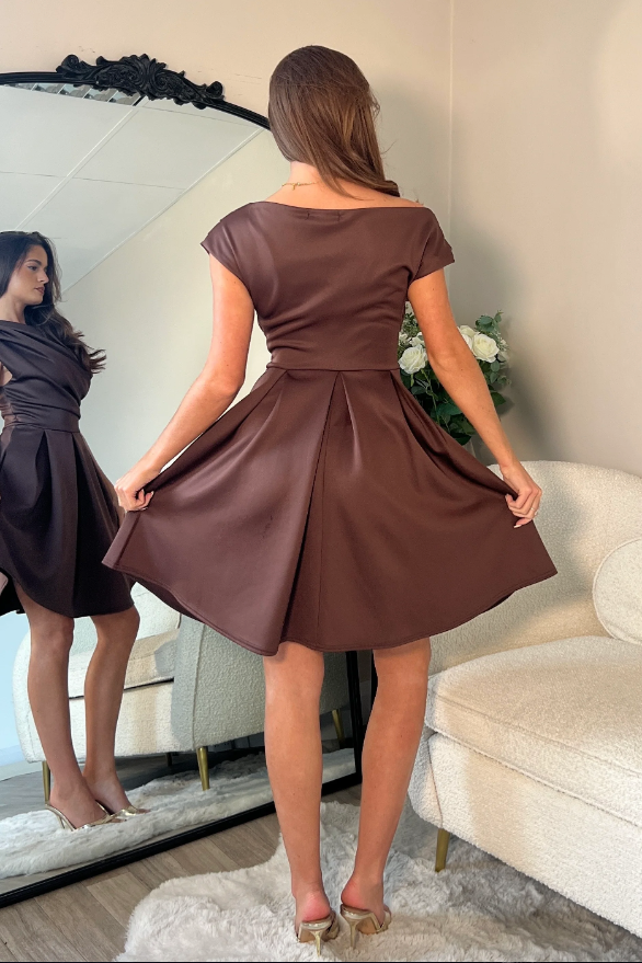 Betty Asymmetric Neckline Skater Midi Brown Spot