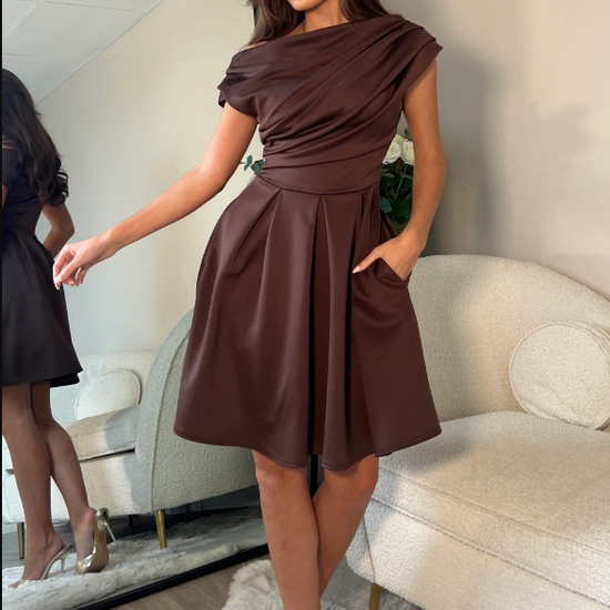 Betty Asymmetric Neckline Skater Midi Brown Spot | 2