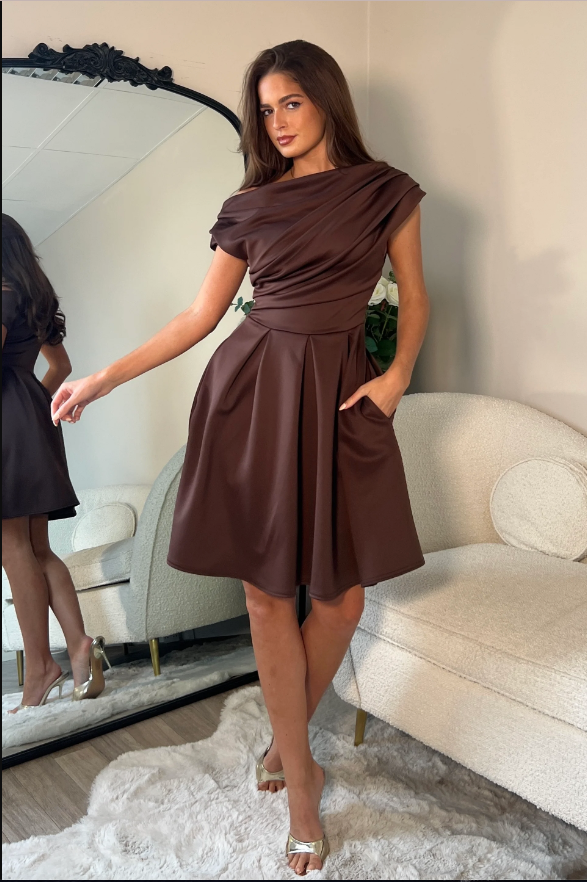 Betty Asymmetric Neckline Skater Midi Brown Spot | 2