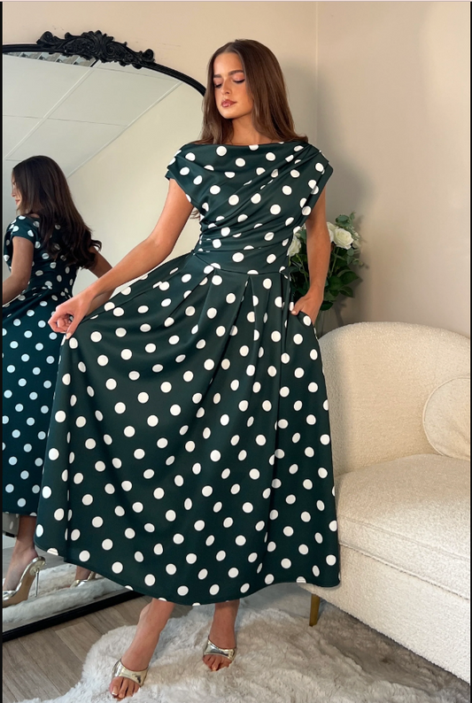 Betty Asymmetric Neckline Skater Midi Green Spot