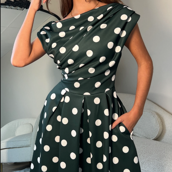 Betty Asymmetric Neckline Skater Midi Green Spot | 1