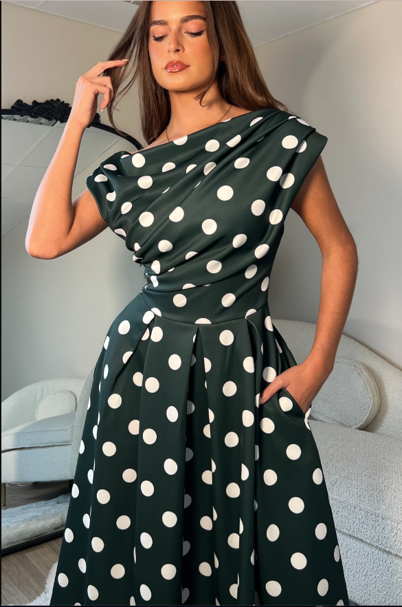 Betty Asymmetric Neckline Skater Midi Green Spot | 1