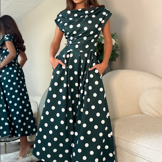 Betty Asymmetric Neckline Skater Midi Green Spot | 2