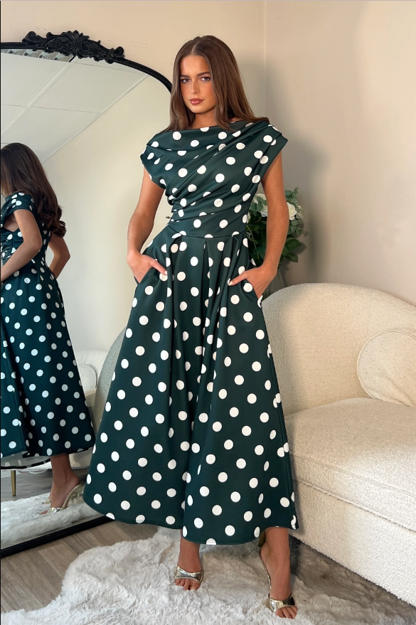 Betty Asymmetric Neckline Skater Midi Green Spot | 2