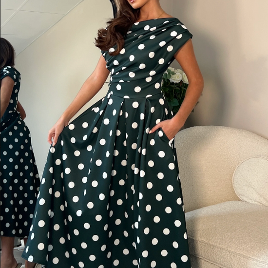 Betty Asymmetric Neckline Skater Midi Green Spot | 3