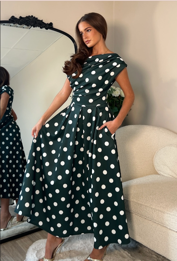 Betty Asymmetric Neckline Skater Midi Green Spot | 3