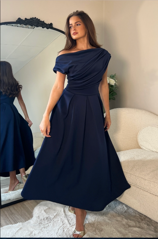 Betty Asymmetric Neckline Skater Midi Navy | 1