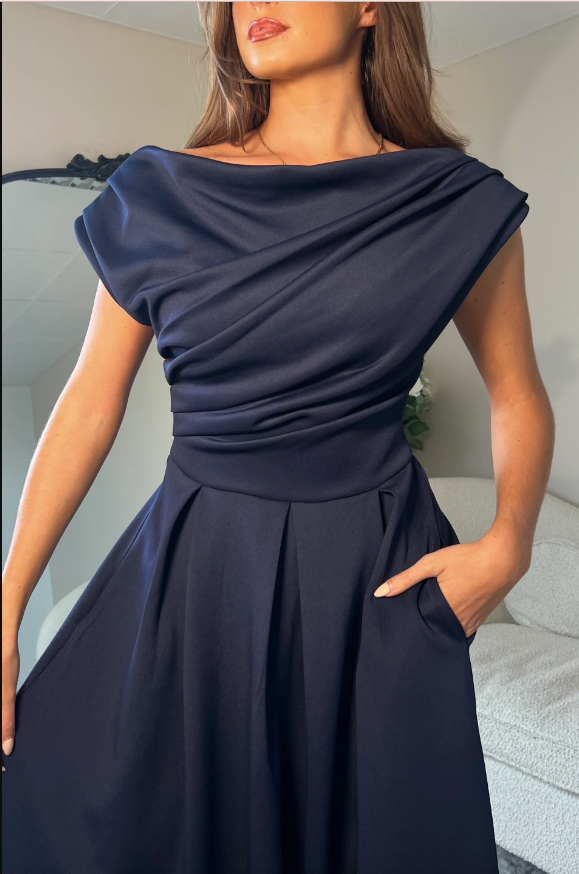 Betty Asymmetric Neckline Skater Midi Navy