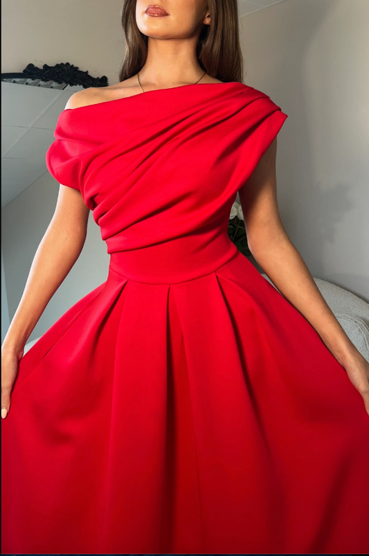 Betty Asymmetric Neckline Skater Midi Red | 1