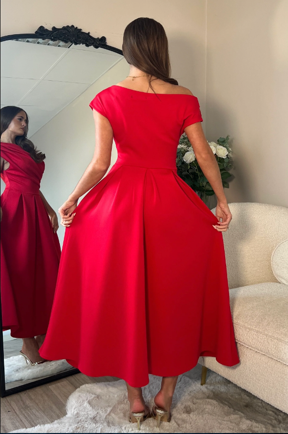 Betty Asymmetric Neckline Skater Midi Red